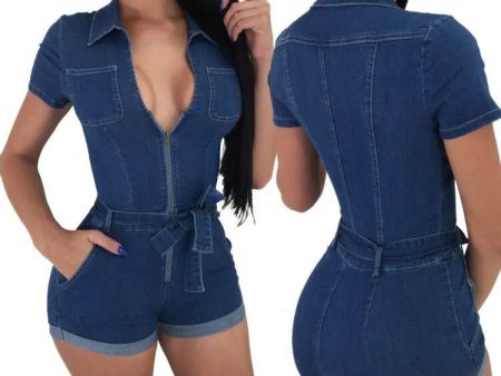 Women Summer Casual Street Denim Short Sleeve Playsuits Deep V Party Jeans Slim Jumpsuits Female Bodysuits Vintage Rompers Hot on Sale