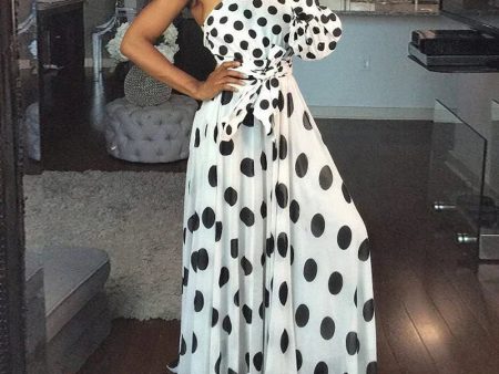 Women One Shoulder Dots Print Belted Maxi Dress Party Summer Dress Online