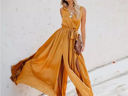 Women s Sexy V Neck Sleeveless Dress Lace Up Split Loose Long Maxi Dress Evening Party Dress Elegant Summer Beach Dress 2023 Hot on Sale