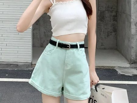 ZOENOVA 2023 Street Style High Waist Denim Shorts Rolled Edge In Candy Colors Sexy A Line All Match Shorts with Black Belt Y2K Fashion