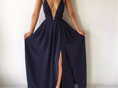 Women Summer Maxi Dress Solid Color Sexy Deep V-Neck Sleeveless Spaghetti Strap Backless High Split Long Sundress Vestidos Fashion