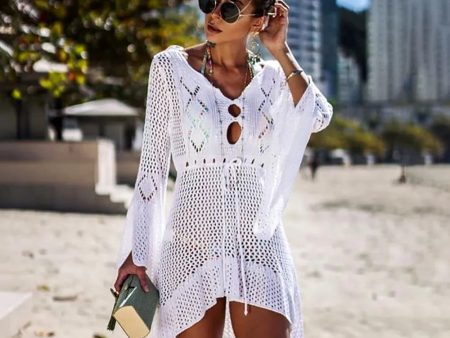 Women Solid Bikini Cover Up Sexy White Crochet Long Sleeve Beach Long Maxi Dress Cover-ups Female Loose Tunic Mesh Beachwear Online now