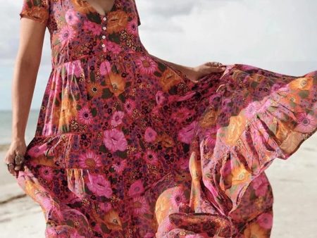 Vintage Chic Women Deep V-neck Red Floral Print Beach Bohemian Maxi Dress Ladies Rayon Cotton Summer Boho Sundress Vestidos Online Hot Sale