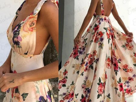 Women Boho Summer Floral Sleeveless V-Neck Backless Vintage Long Maxi Dress Ladies Party Evening Summer Beach Sundress Supply