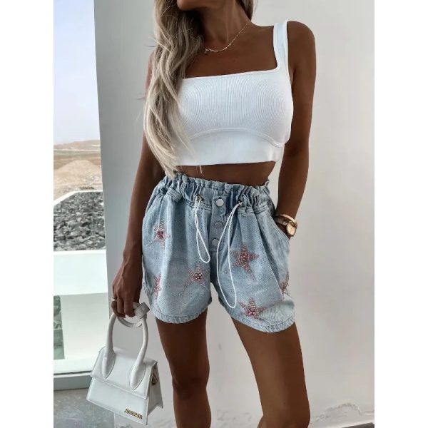 Wepbel Y2K Fashion Streetwear Short Jeans Women Summer Leisure Rhinestone Elastic Waist Denim Shorts Straight Short Jeans Online Hot Sale