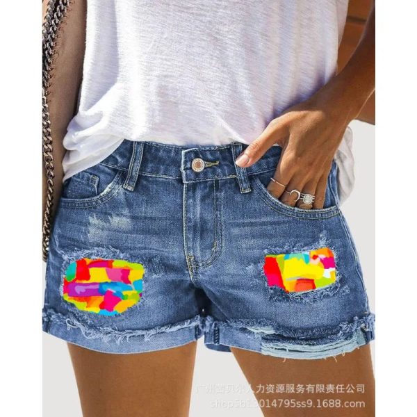 Wepbel Y2K Rainbow Printing Short Jeans Women Summer Straight Patchwork Ripped Denim Shorts Washed Ripped Hole Short Jeans Hot on Sale