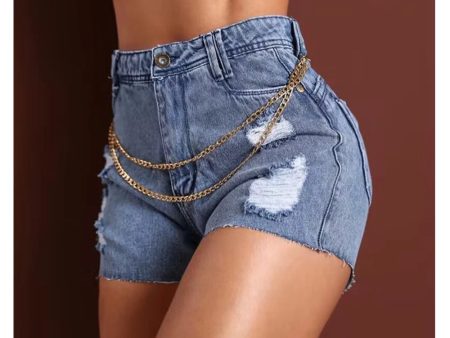 Wepbel Jeans Pants Women Chain Decor Ripped Chain Stitching Ripped Skinny Denim Shorts Summer Short High Waist Denim Shorts Cheap