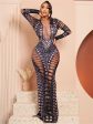 WJFZQM See Through Deep V Neck Long Sleeve Women s Maxi Prom Dress Diamond Hollow Out Sexy Party Evening Dresses 2023 Summer For Discount