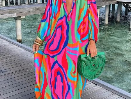 Women Boho Print Beach Cover Up 2023 Summer Sexy Deep V-Neck Long Sleeve Long Dresses Female Vintage Maxi Dresses Elegant Robe Cheap