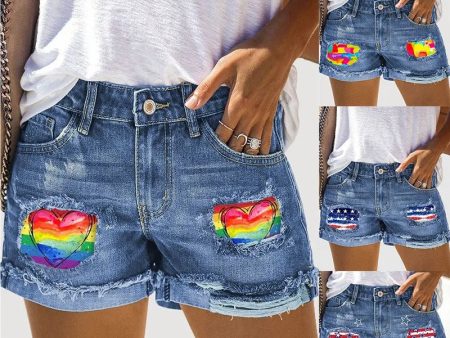 Wepbel Y2K Rainbow Printing Short Jeans Women Summer Straight Patchwork Ripped Denim Shorts Washed Ripped Hole Short Jeans Hot on Sale