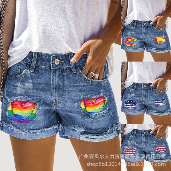 Wepbel Y2K Rainbow Printing Short Jeans Women Summer Straight Patchwork Ripped Denim Shorts Washed Ripped Hole Short Jeans Hot on Sale